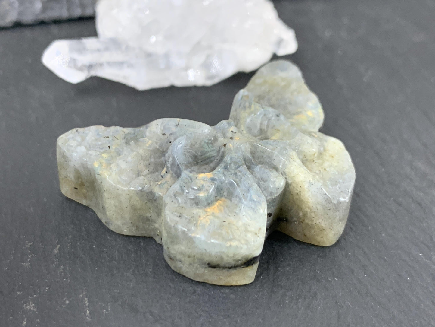 Labradorite Ghost Butterfly – Hand Carved Gemstone Flat Back Carving, Artisan Crystal Gift