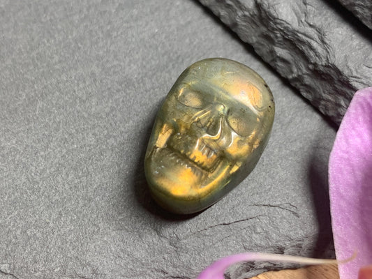 Labradorite Skull Carving, Rainbow Flash Crystal Skull Decor Gift