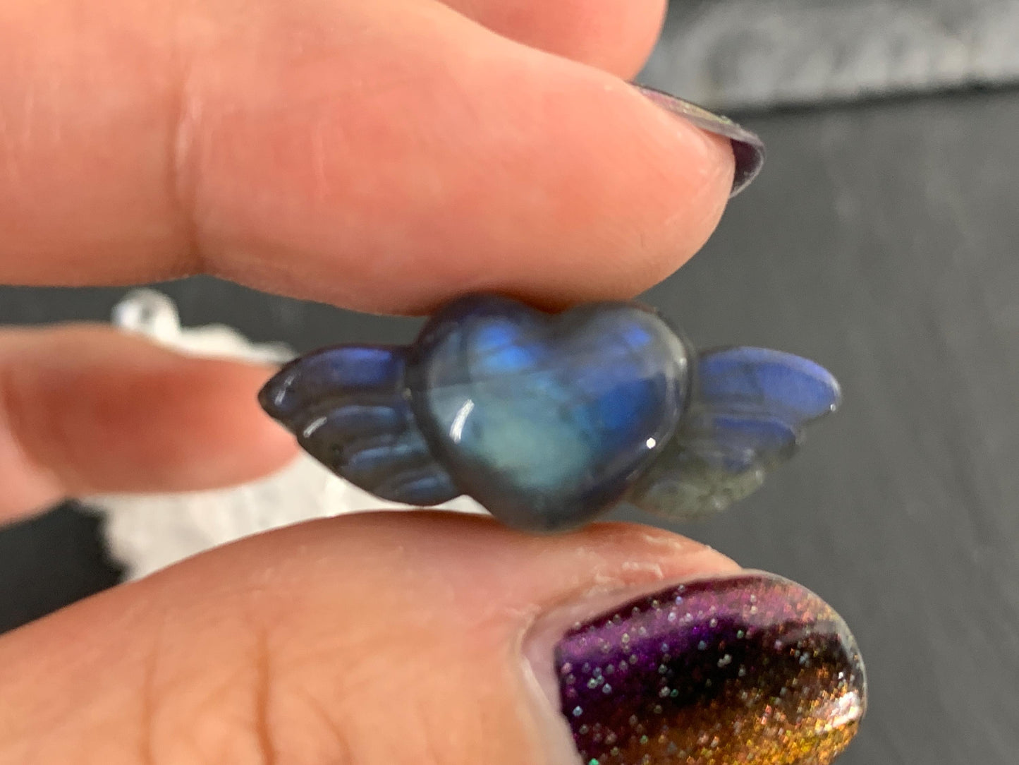 Labradorite Heart with Wings 25x10mm. Hand Carved Gemstone