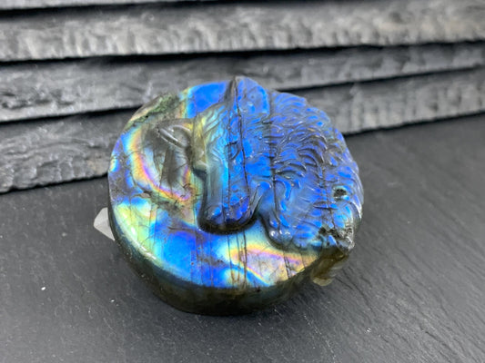 Wolf Labradorite Carving - Natural 40mm Flat Back Gemstone Wolf Shape
