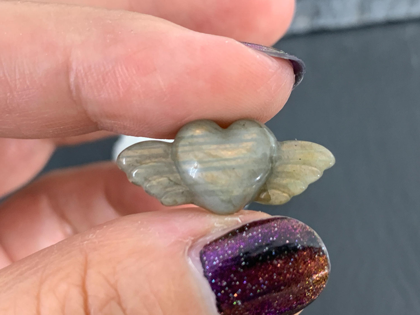 Labradorite Heart with Wings 25x10mm, Hand Carved Gemstone