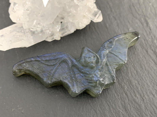 Labradorite skeleton bat 19x49mm flat back carving