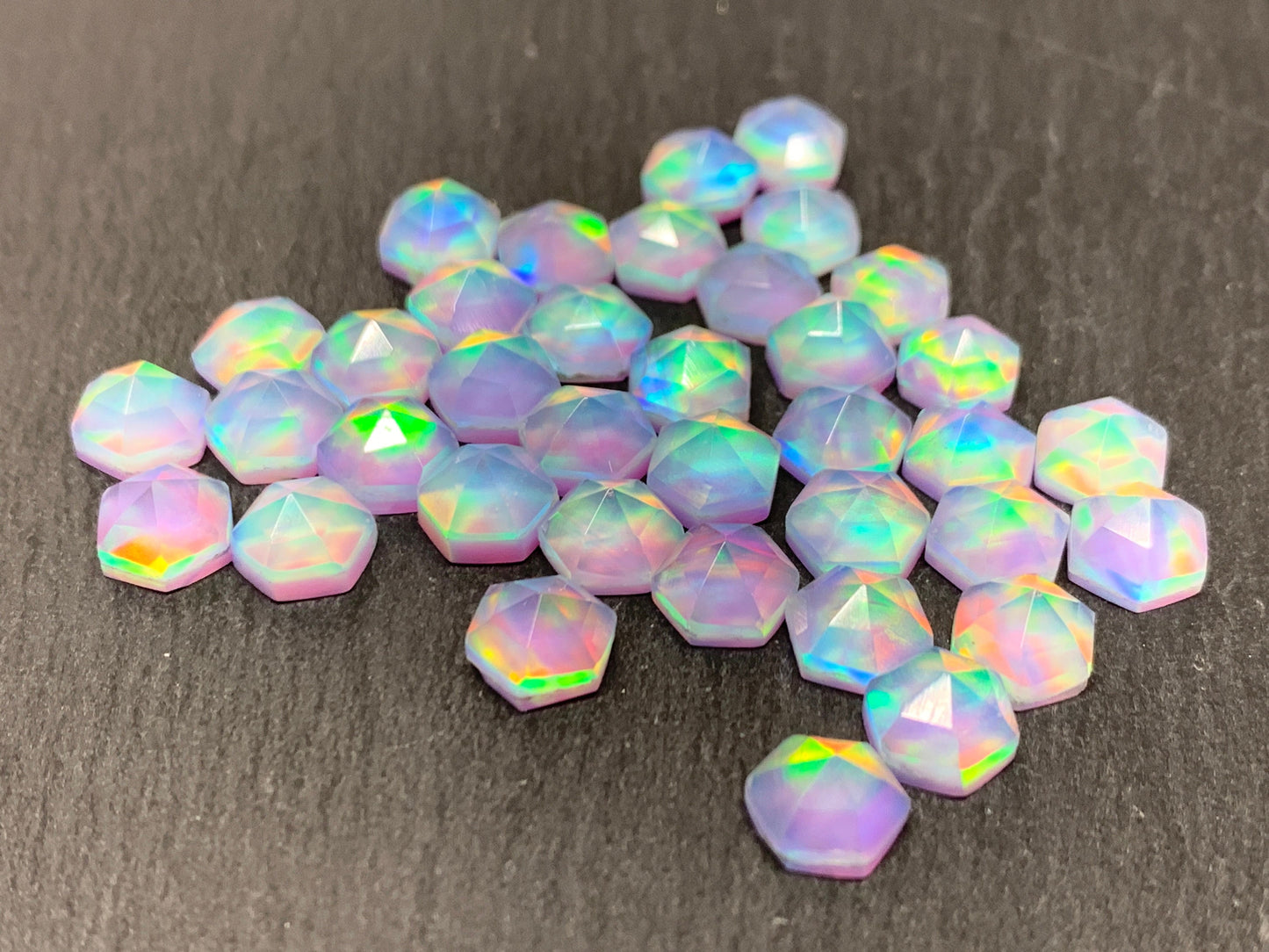 Faceted Aurora Opal hexagon 7mm cabochon - Doublet cabochons