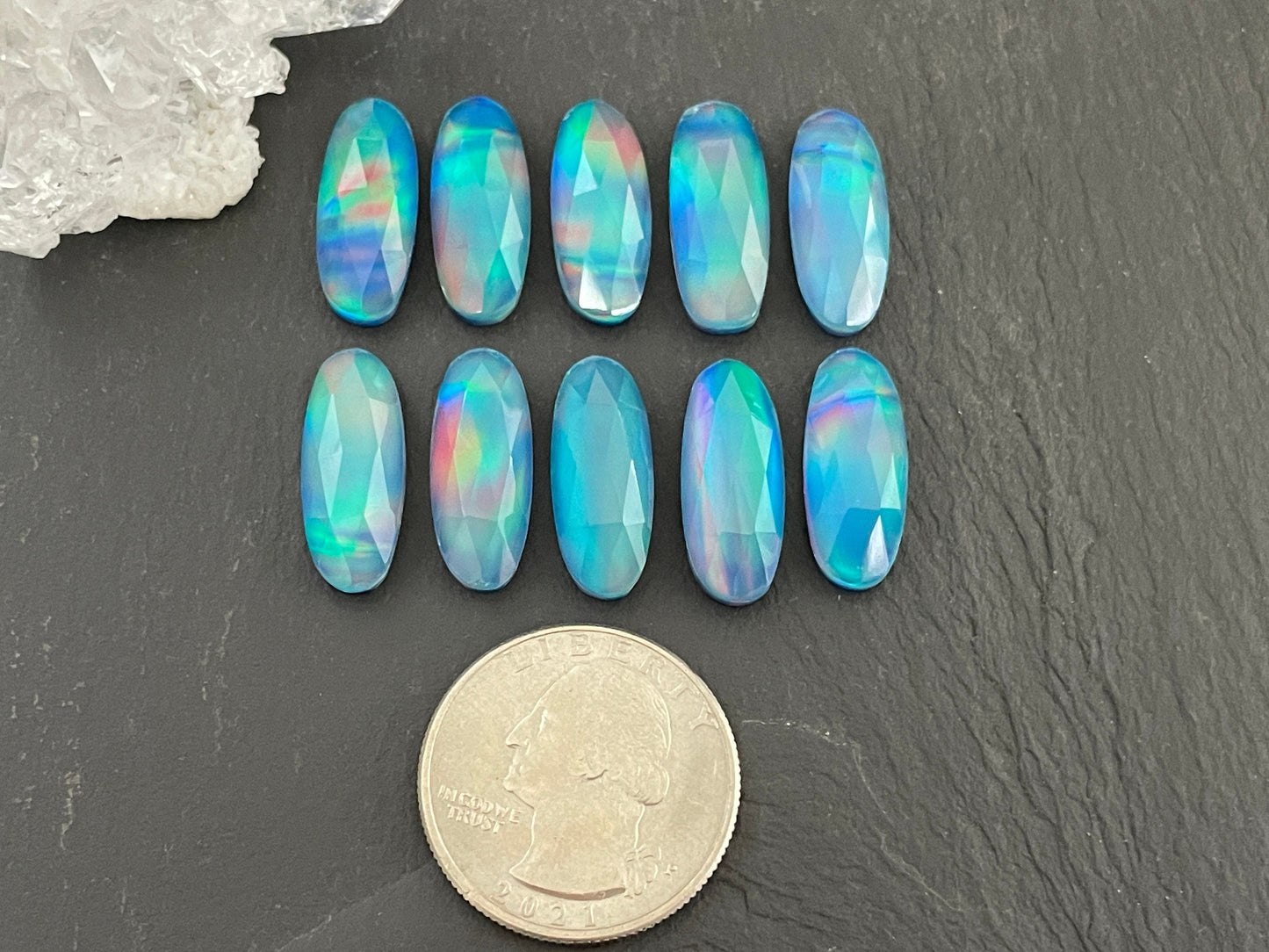Faceted Aurora Opal oval 8x20mm cabochon - Doublet cabochons
