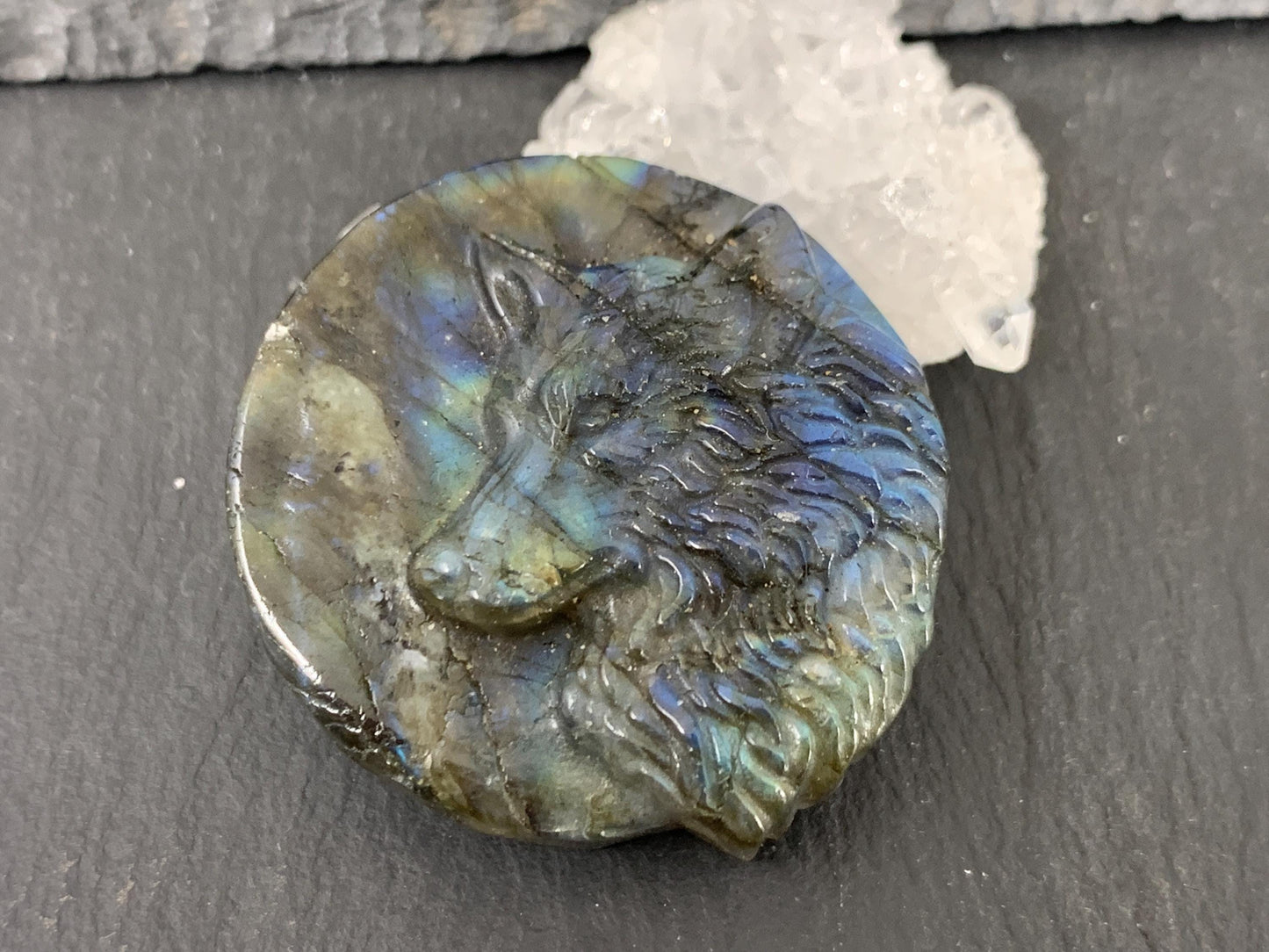 Wolf Labradorite Carving - 41mm Natural Flat Back Gemstone Pendant