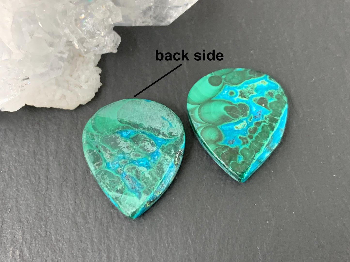 Malachite Chrysocolla pear 16x19x3.5mm cabochon pair