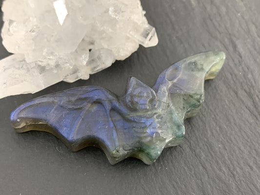 Labradorite skeleton bat 19x49mm flat back carving