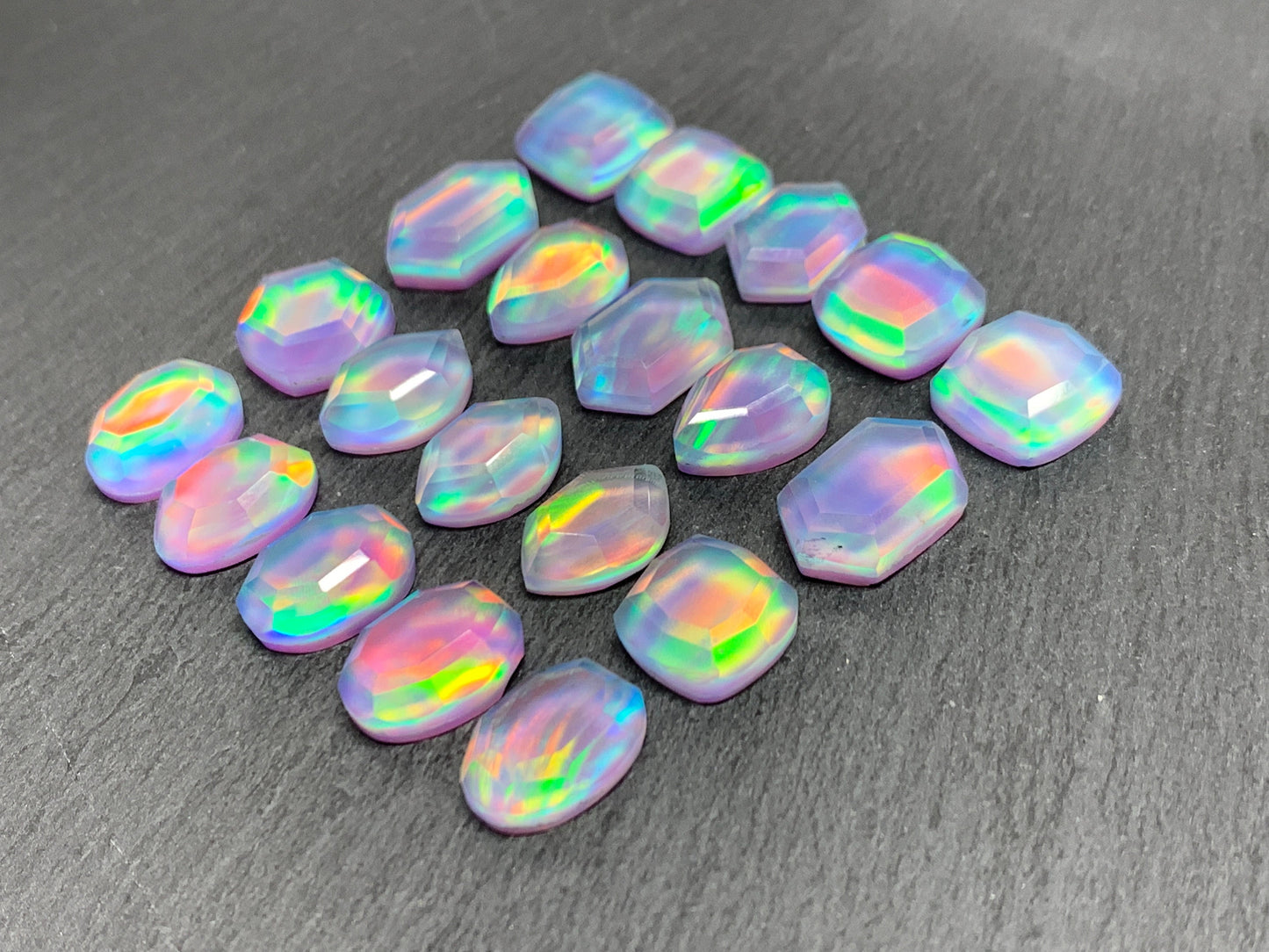Faceted Aurora Opal 12-16mm long cabochon - Doublet cabochons