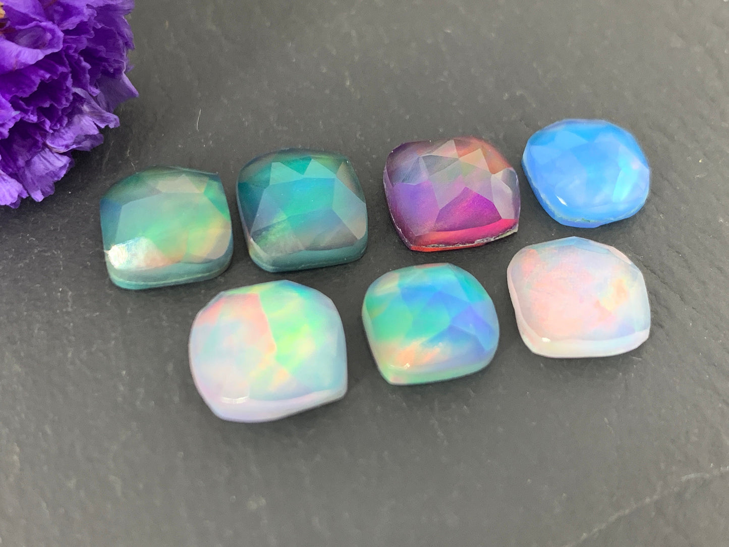 Faceted Aurora Opal square 8mm cabochon - Doublet cabochons