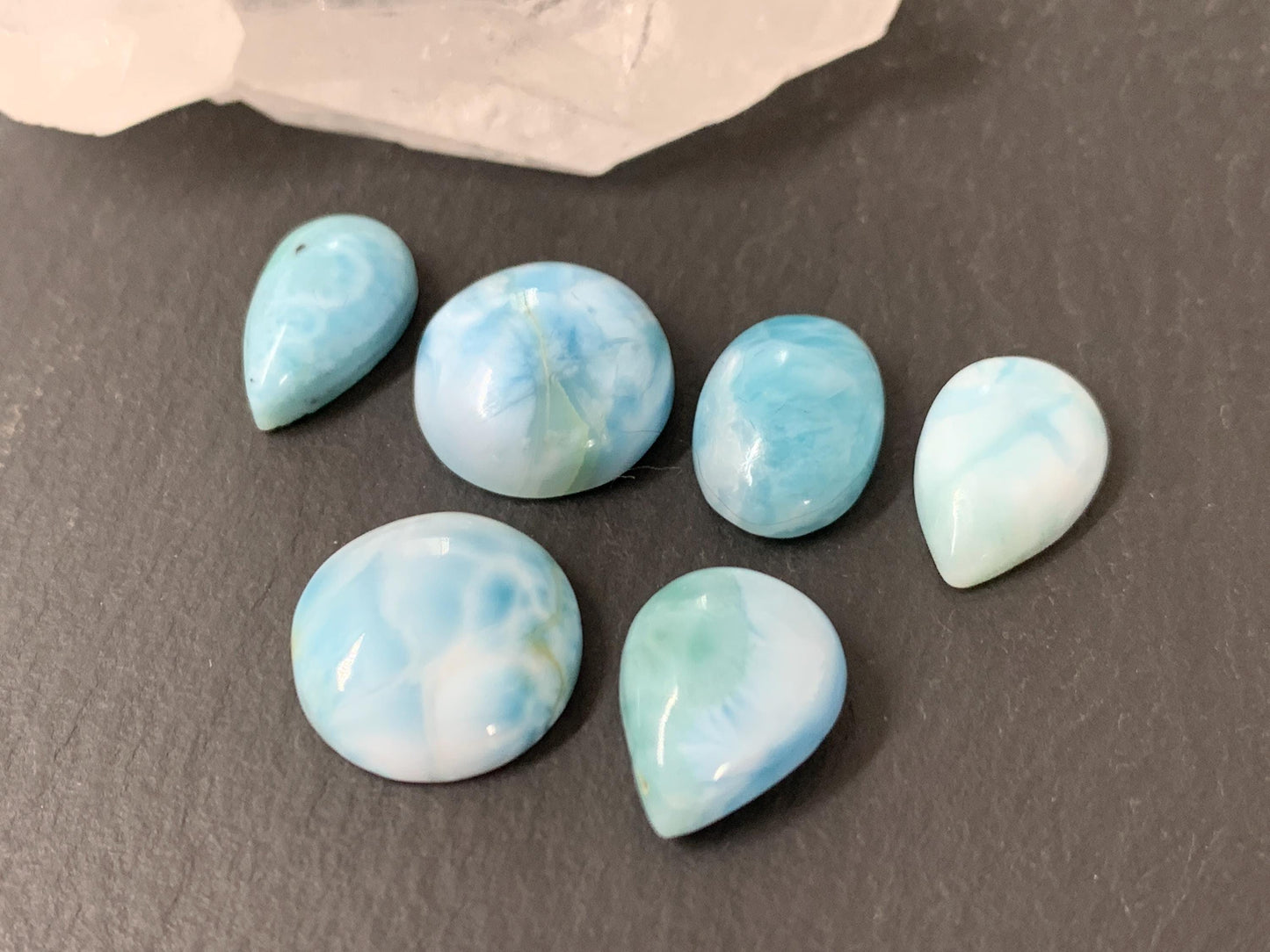 Larimar cabochon 13mm long pear, round, oval