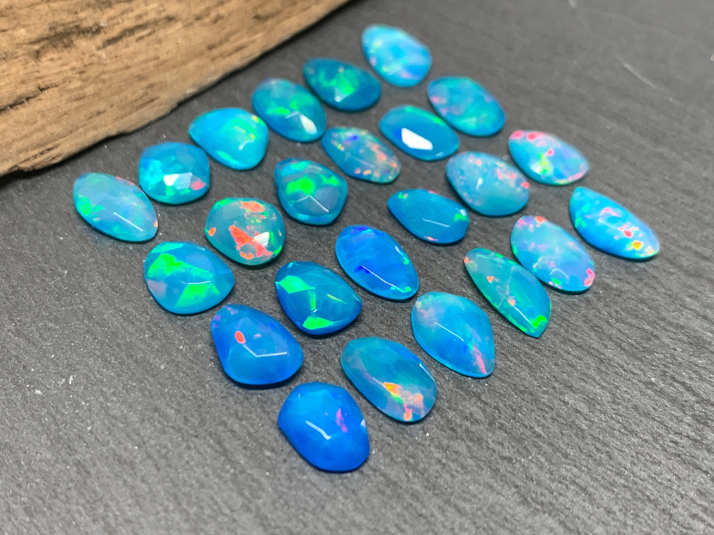 Faceted Blue Ethiopian Opal 8-10mm long cabochon