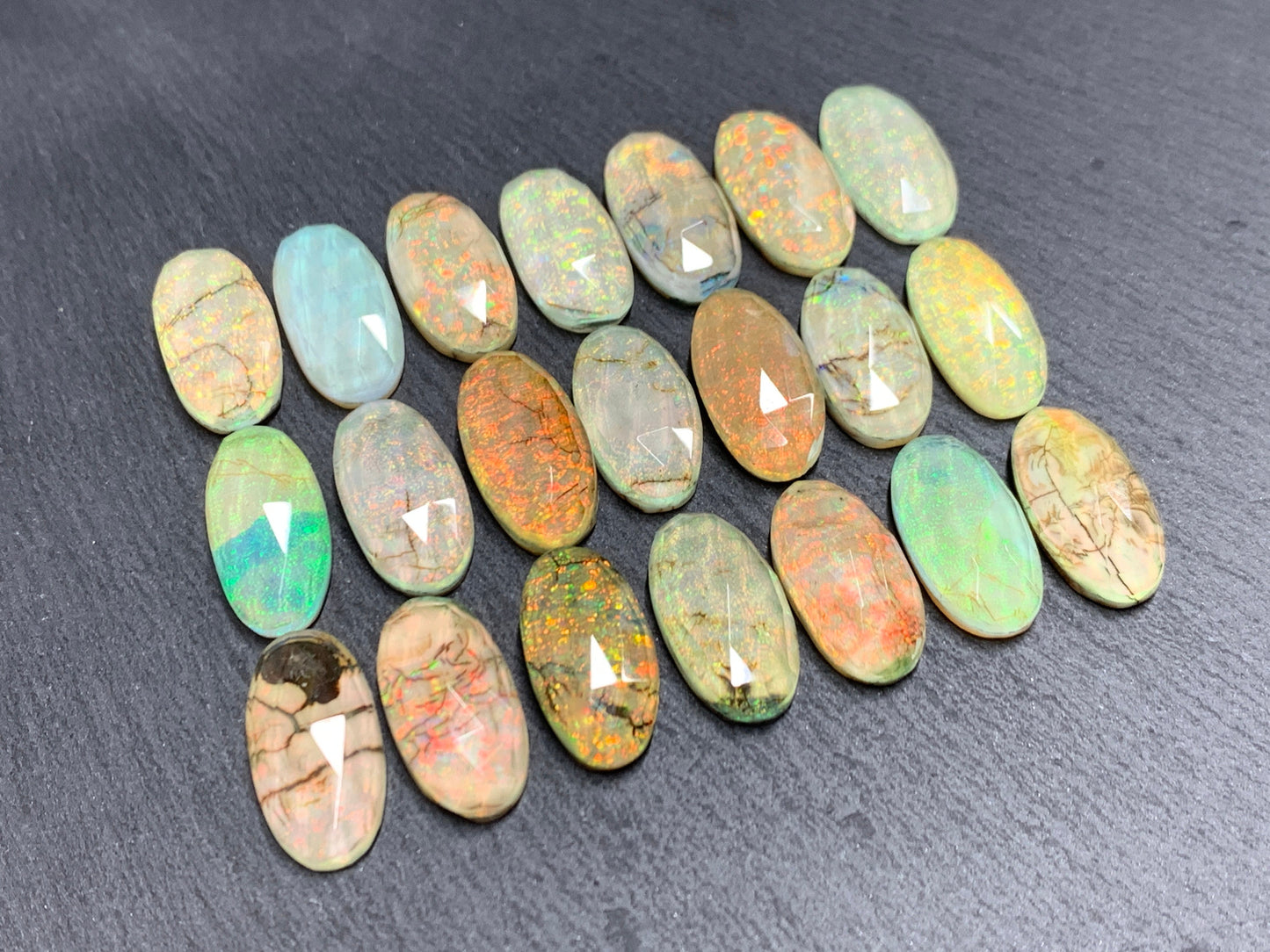 Faceted Monarch Opal oval 10x20mm cabochons - Doublet cabochons