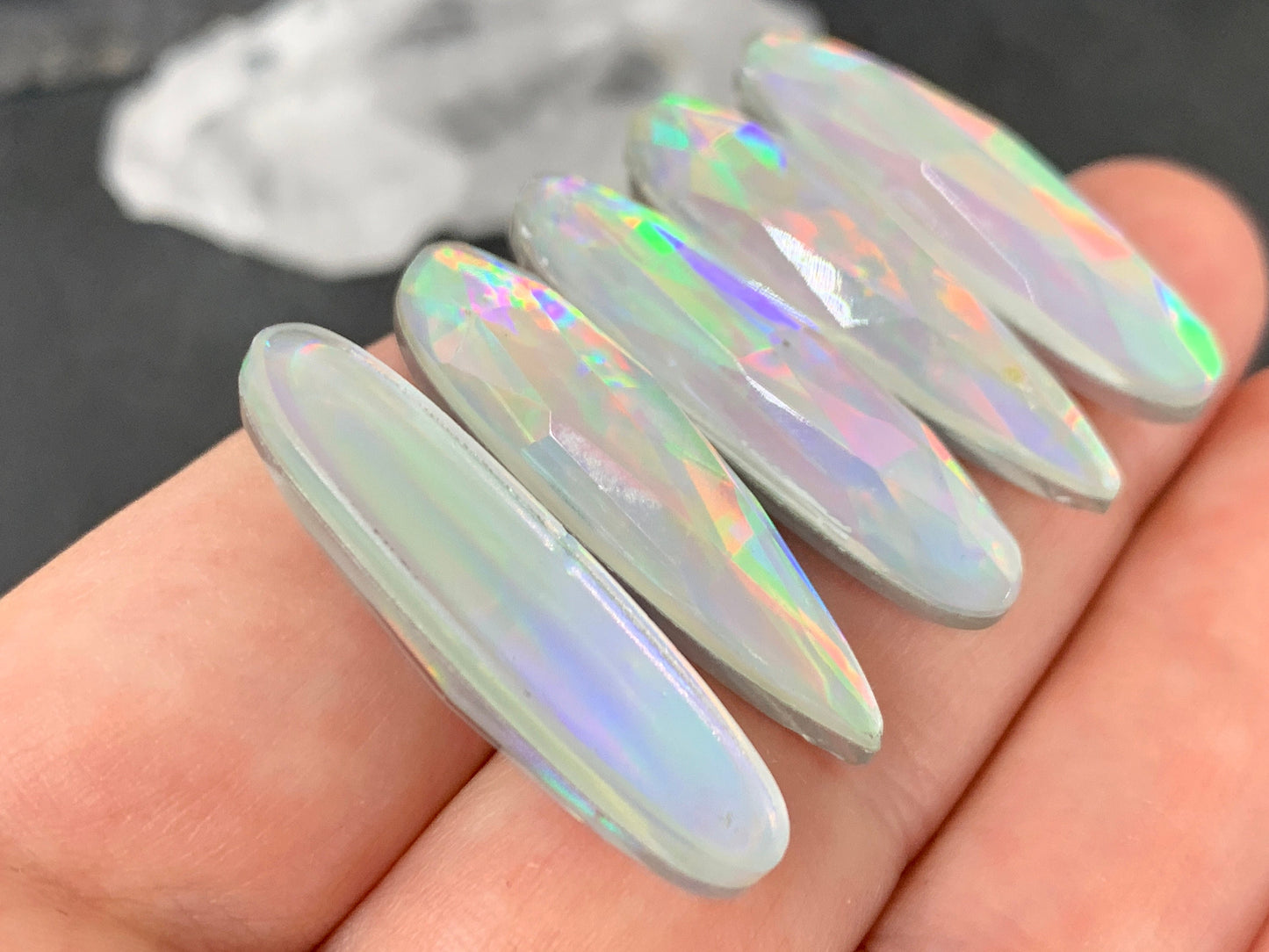 Faceted Mystic Rainbow Quartz pear, oval 8x30mm cabochon doublet