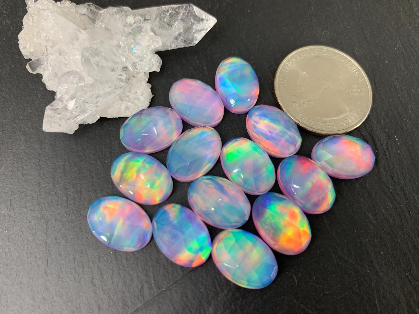 Faceted Aurora Opal oval 10x14mm cabochons - Doublet cabochons