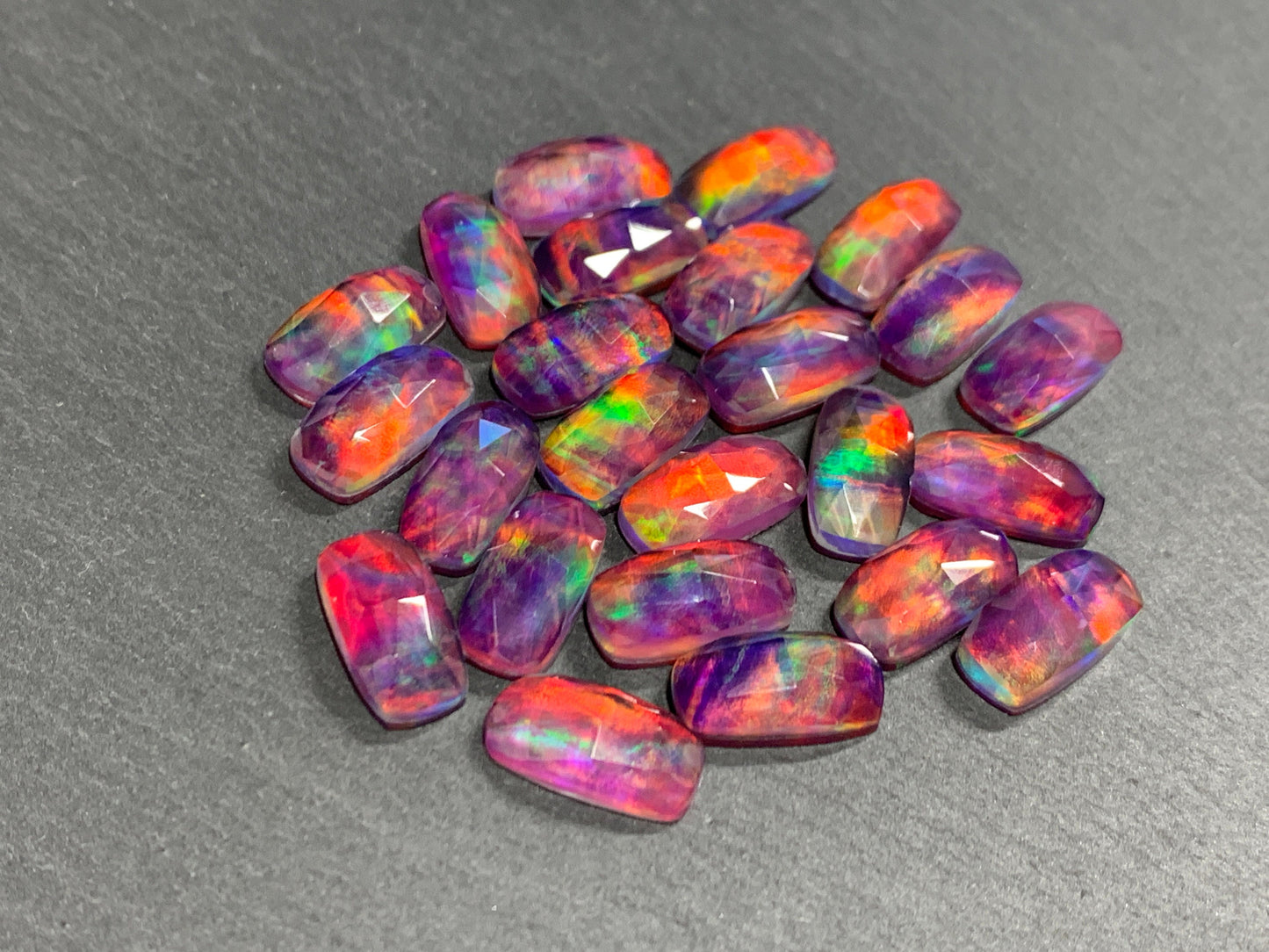 Faceted Aurora Opal rectangle 7x14mm cabochon - Doublet cabochons