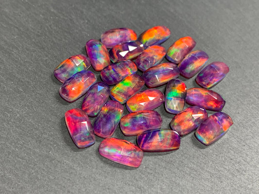 Faceted Aurora Opal rectangle 7x14mm cabochon - Doublet cabochons