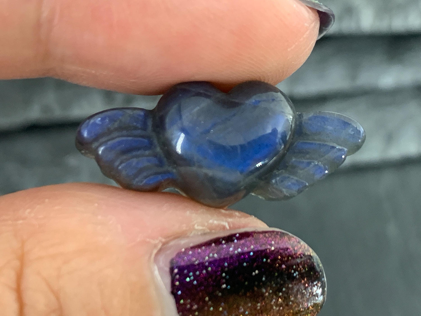 Labradorite Heart with Wings 25x10mm. Hand Carved Gemstone