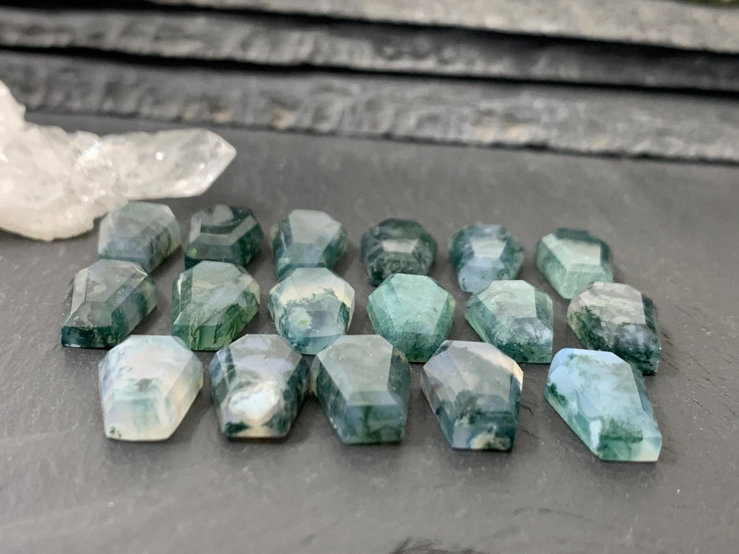 Faceted Moss Agate coffin 10x16mm cabochon