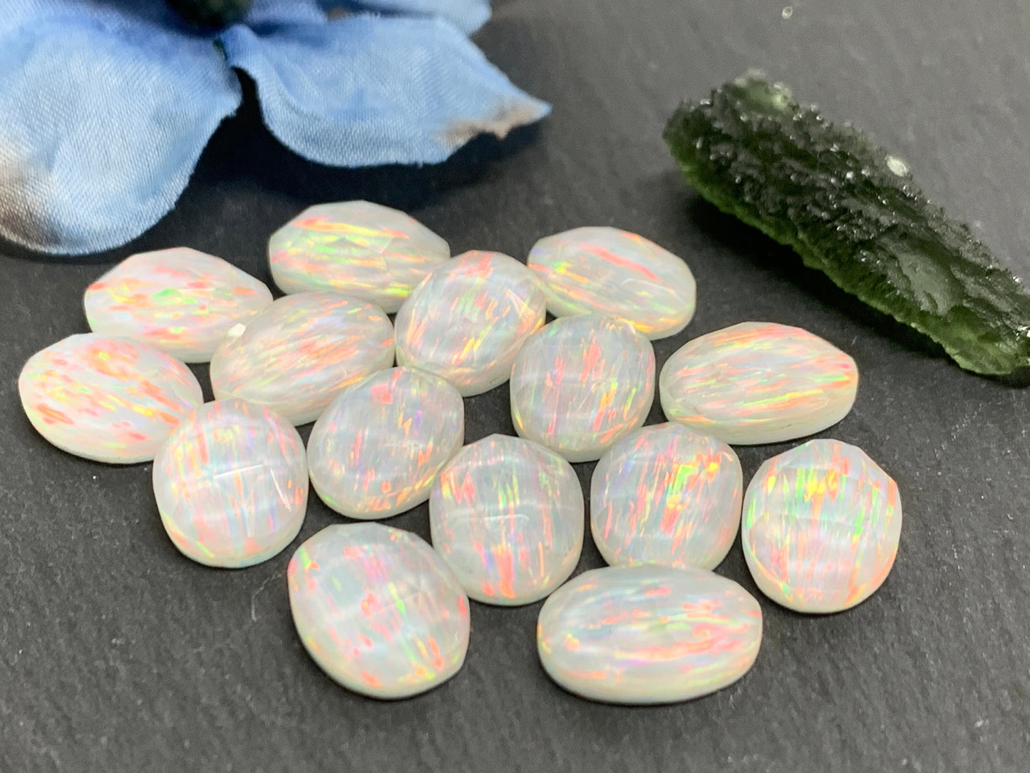Faceted Aurora Opal oval 10x14mm cabochons - Doublet cabochons