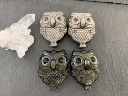 Silver & Gold Obsidian owl cabochon carving