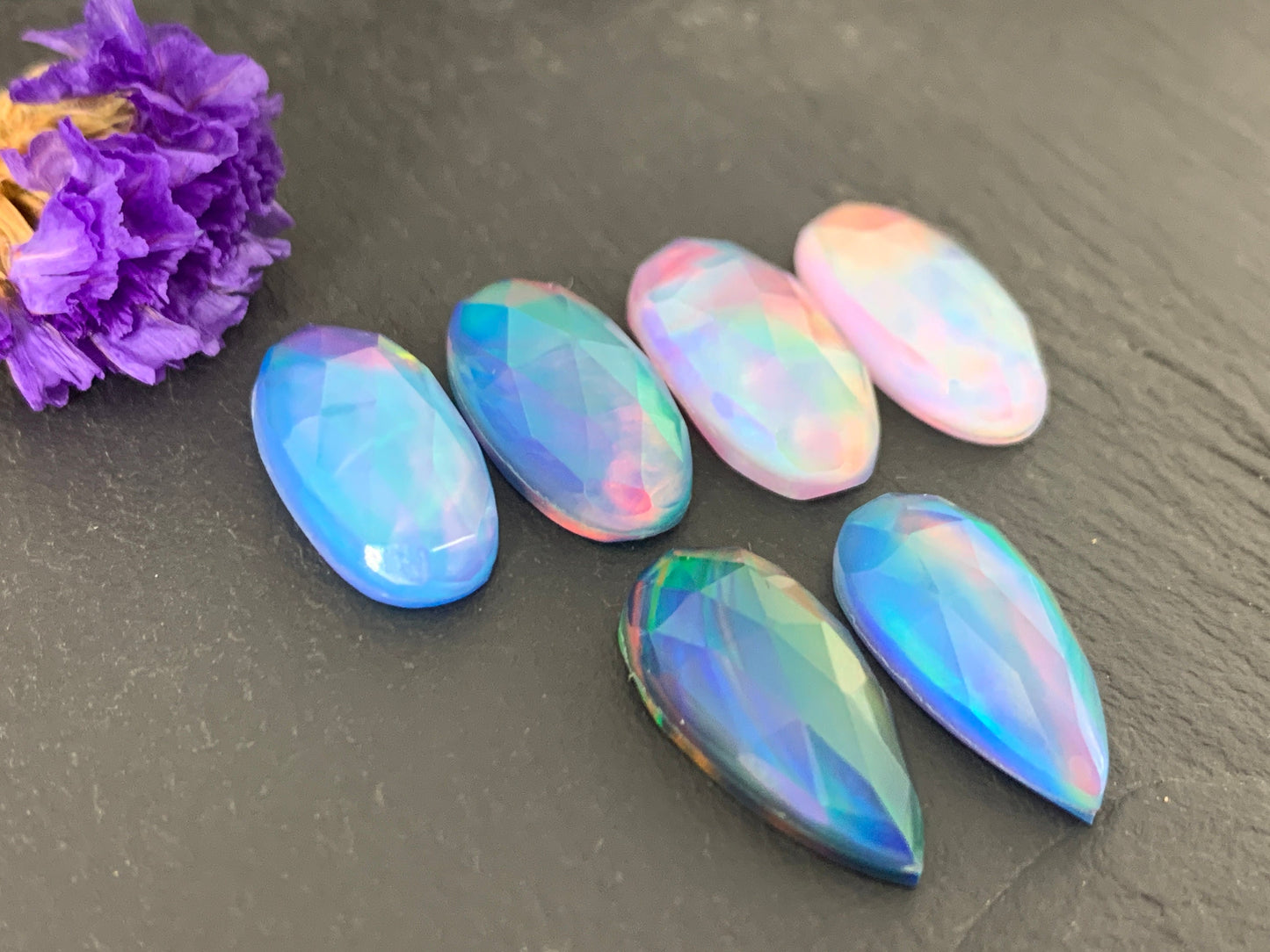 Faceted Aurora Opal oval, pear 10x20mm cabochon - Doublet cabochons