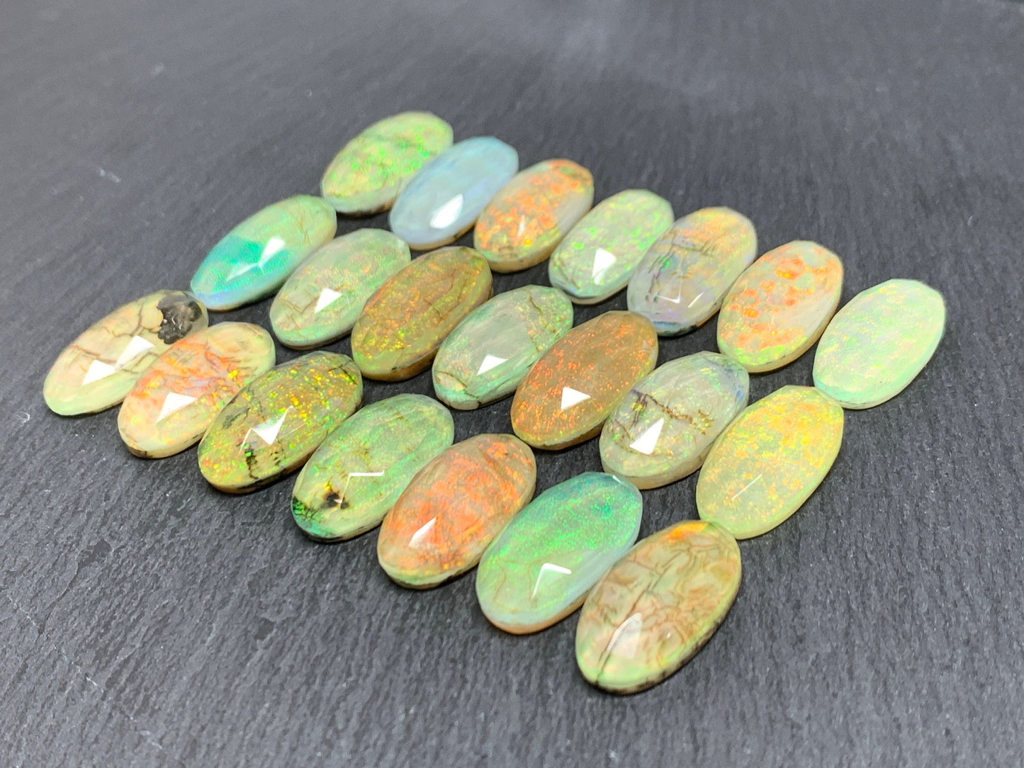 Faceted Monarch Opal oval 10x20mm cabochons - Doublet cabochons