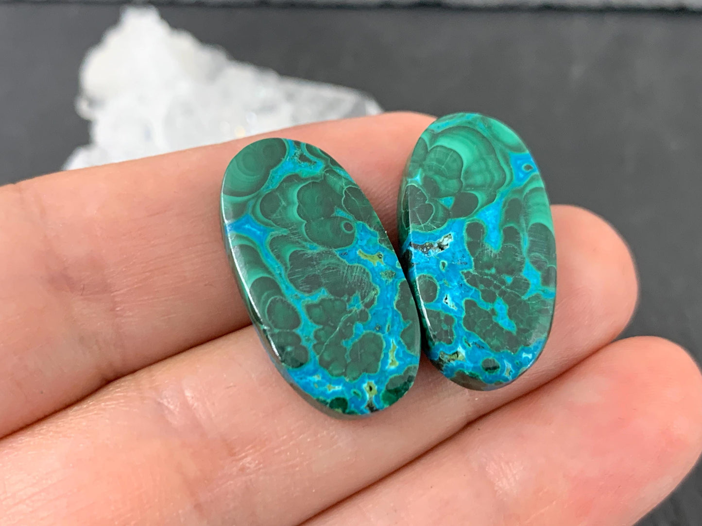 Discounted Malachite Chrysocolla oval 13x24x4mm cabochon pair