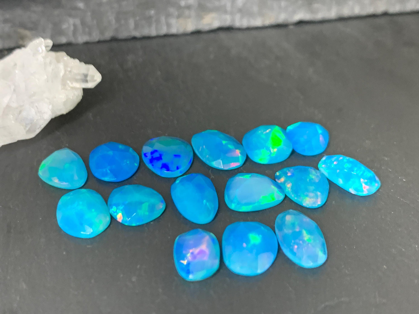 Faceted Blue Ethiopian Opal 9-12mm long cabochon