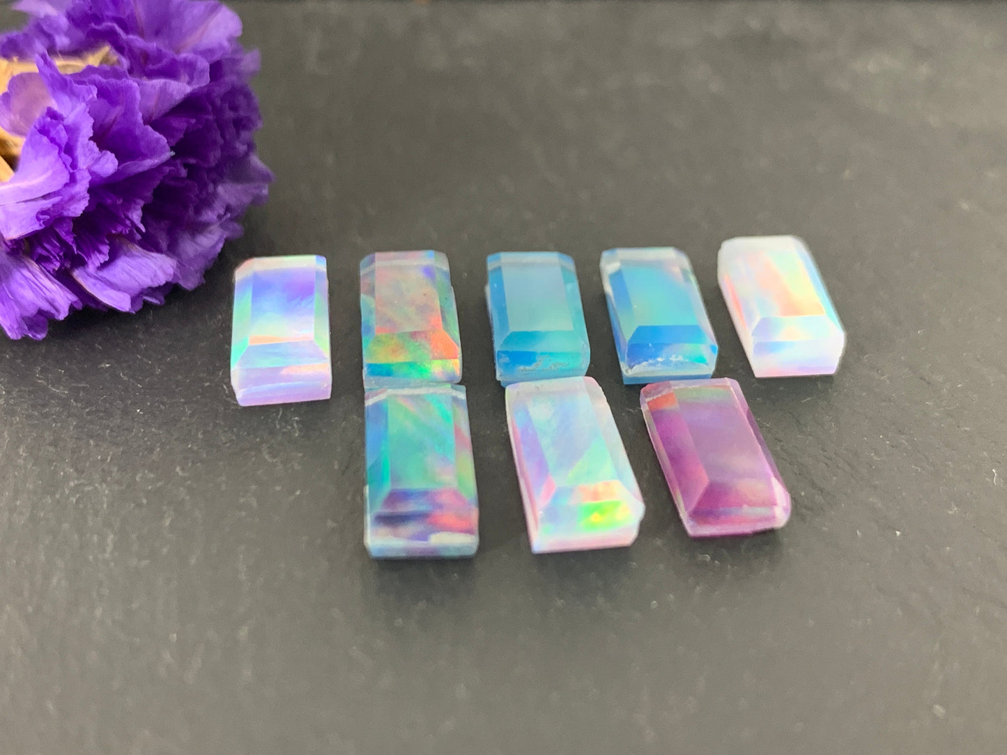 Step Cut Aurora Opal 5x9mm cabochon - Doublet cabochons