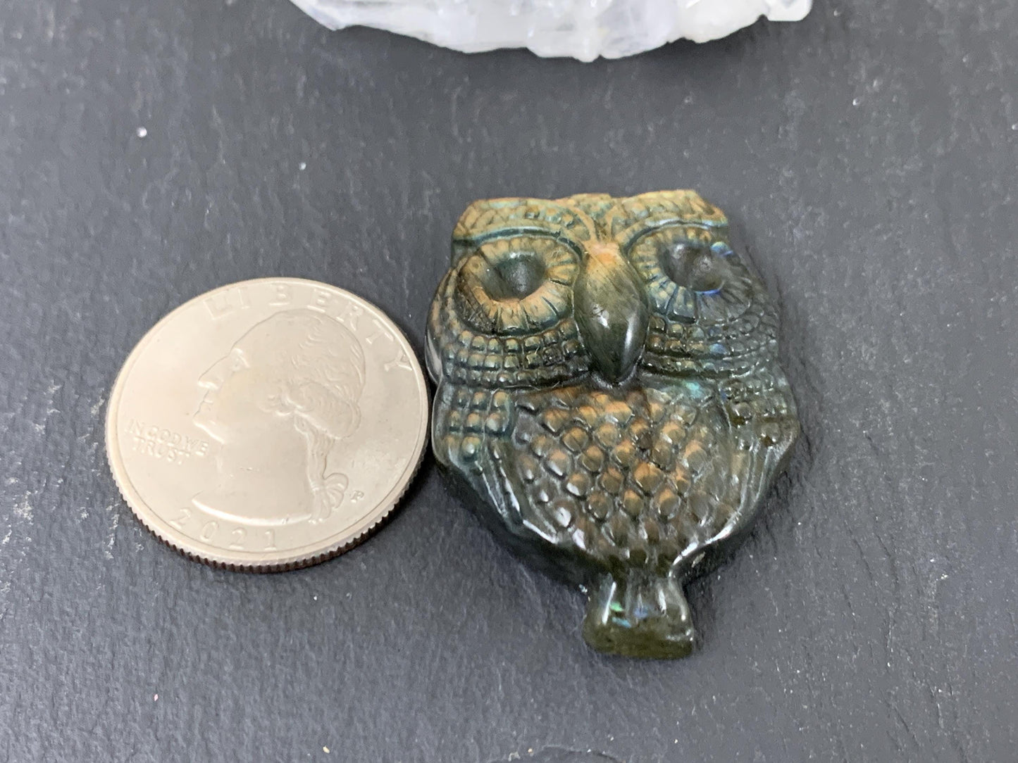 Labradorite Owl Carving - Natural 27x37mm Flat Back Gemstone Figure