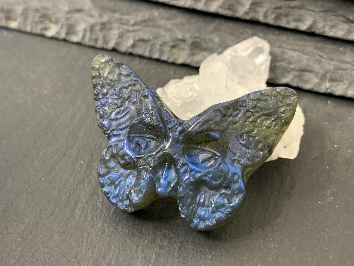 Labradorite Ghost Face Carving - 29x40mm Flat Back Butterfly Gemstone Sculpture