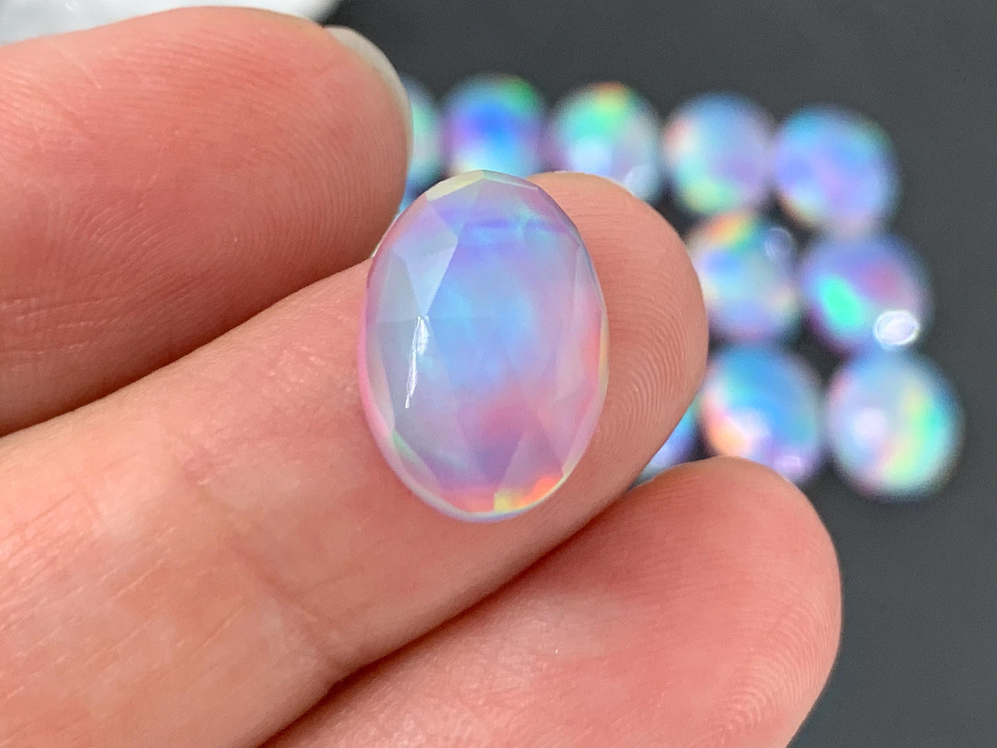 Faceted Aurora Opal oval 10x14mm cabochons - Doublet cabochons