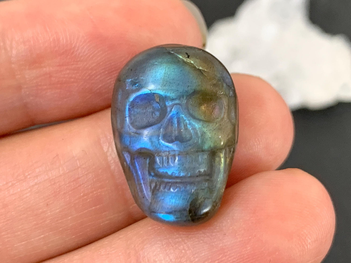 Labradorite Skull Cabochon 15x21mm - Natural Green Gemstone Flat Back Carving
