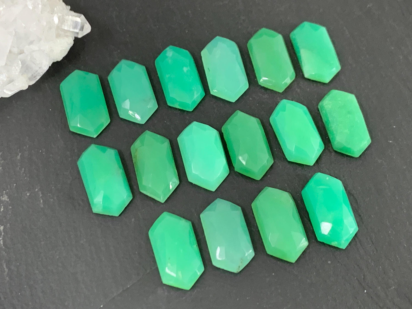 Faceted Chrysoprase Cabochon – Long Hexagon 8x16mm Faceted Top Gemstone