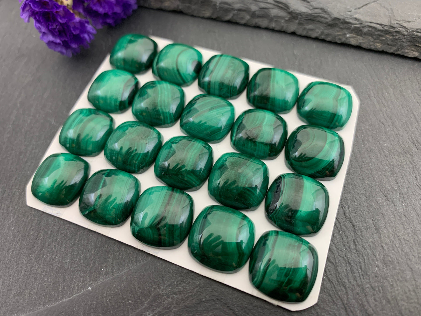 Malachite square cushion 15mm cabochon - Calibrated cabochons