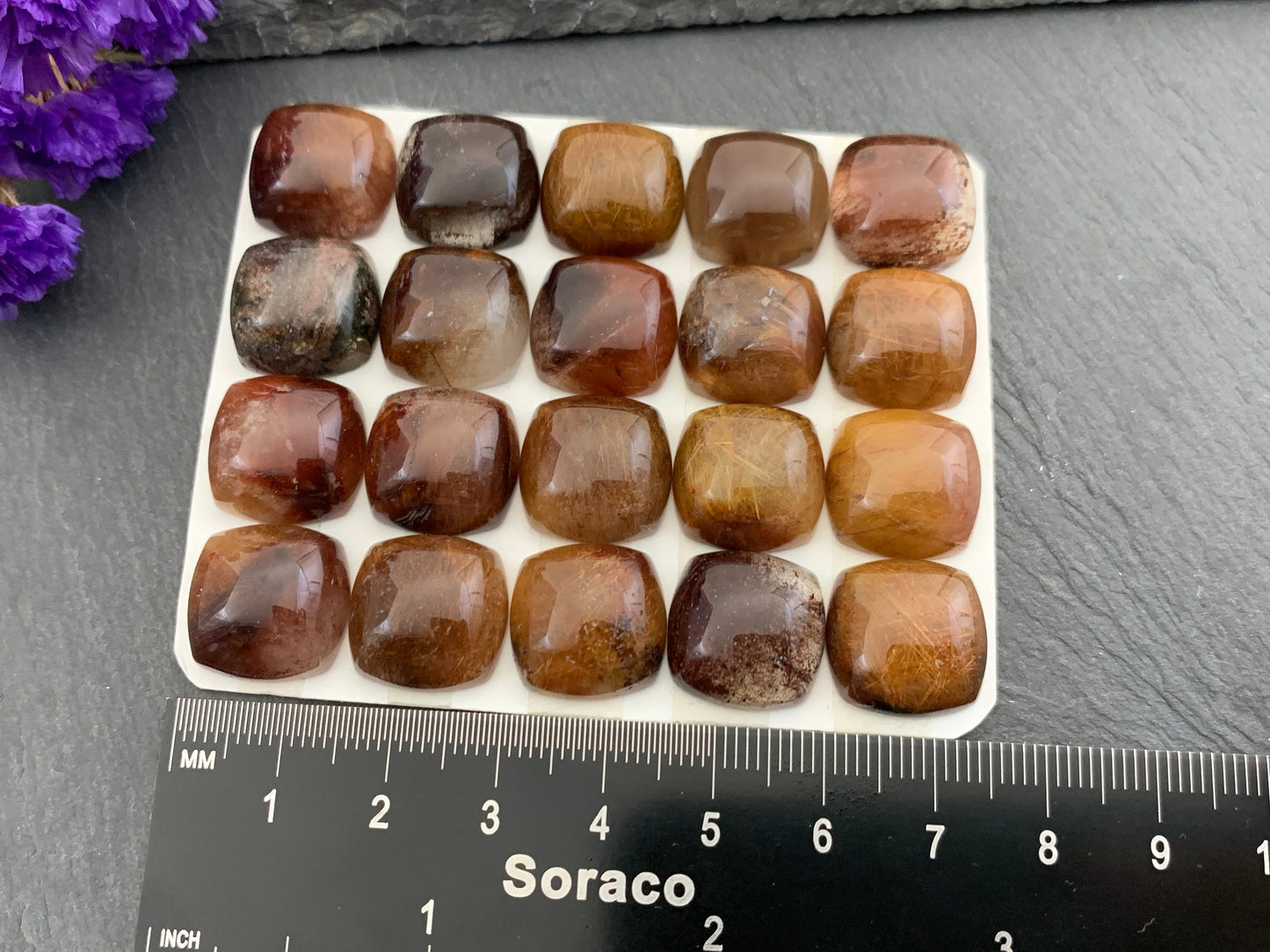 Rutilated Quartz square 15mm cabochon - Calibrated Rutilated Quartz
