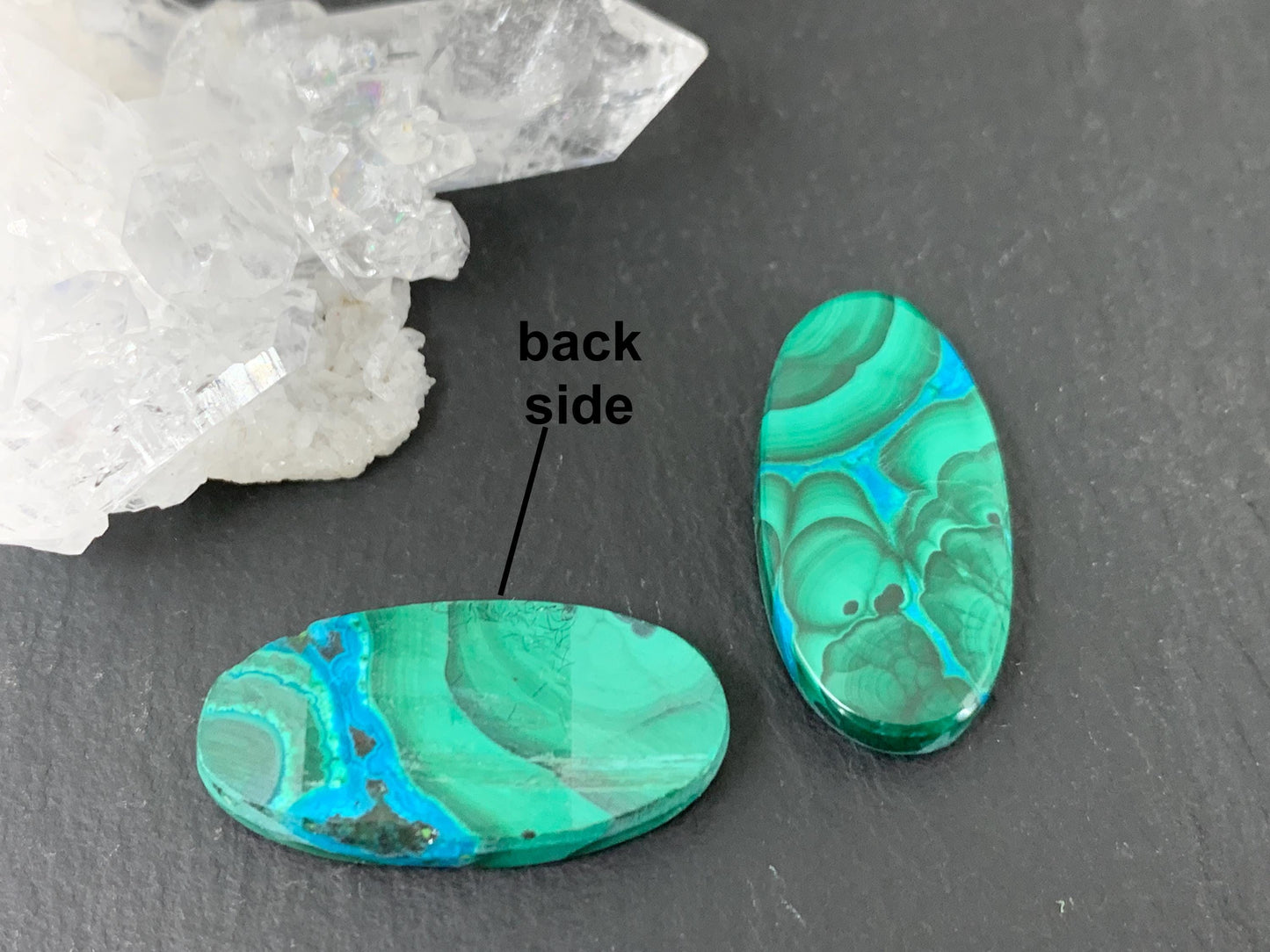 Malachite Chrysocolla oval 12x24x4mm cabochon pair