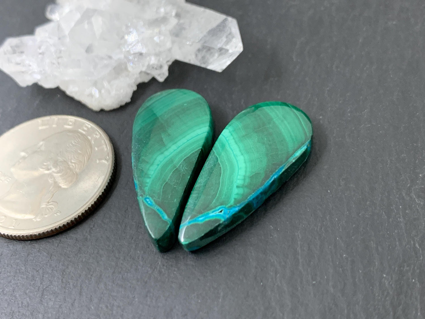 Malachite Chrysocolla pear 12x29x4.5mm cabochon pair