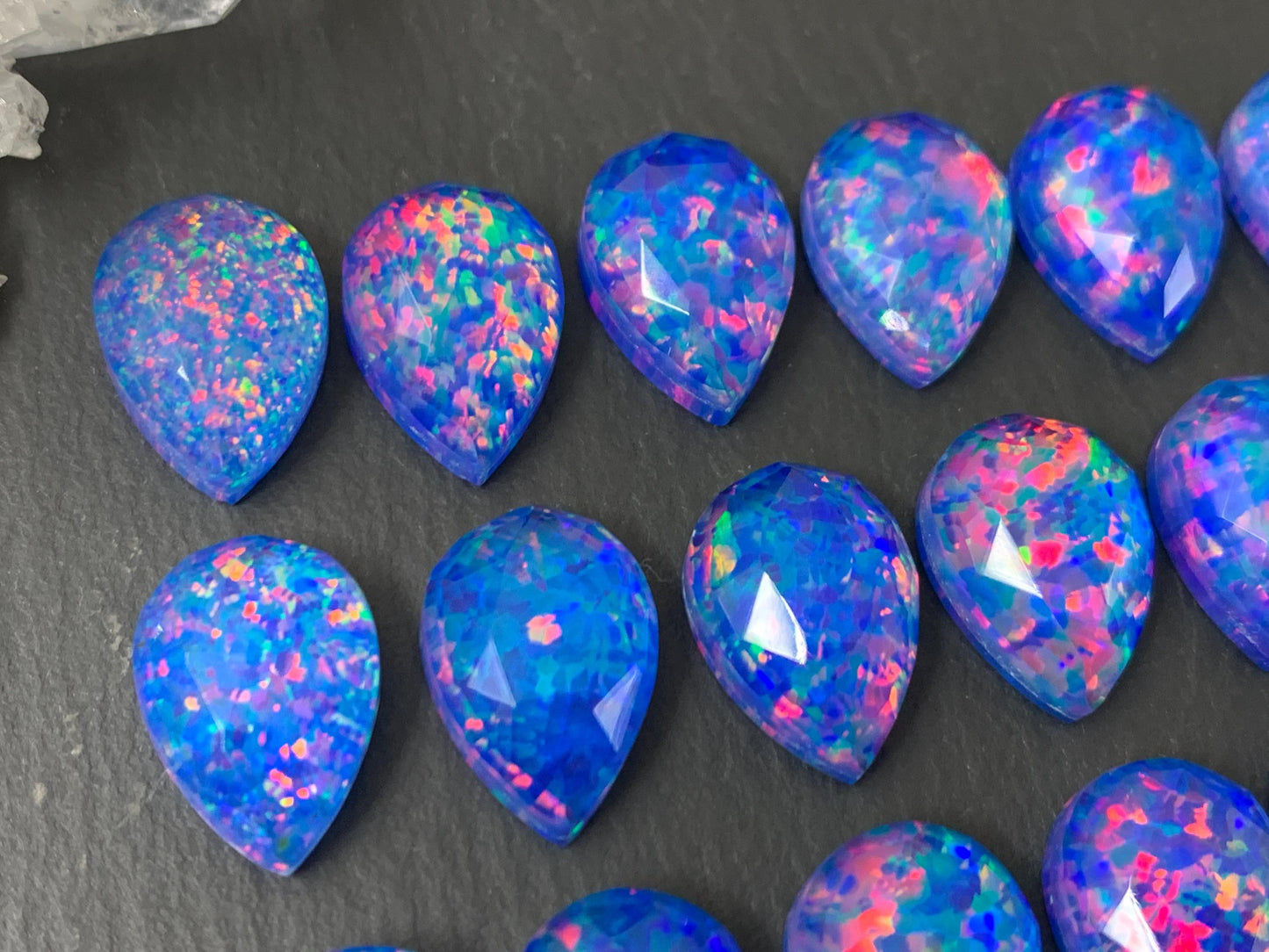 Faceted Aurora Opal Pear 10x14mm, rectangle 7x12mm doublet cabochons - Doublet cabochons