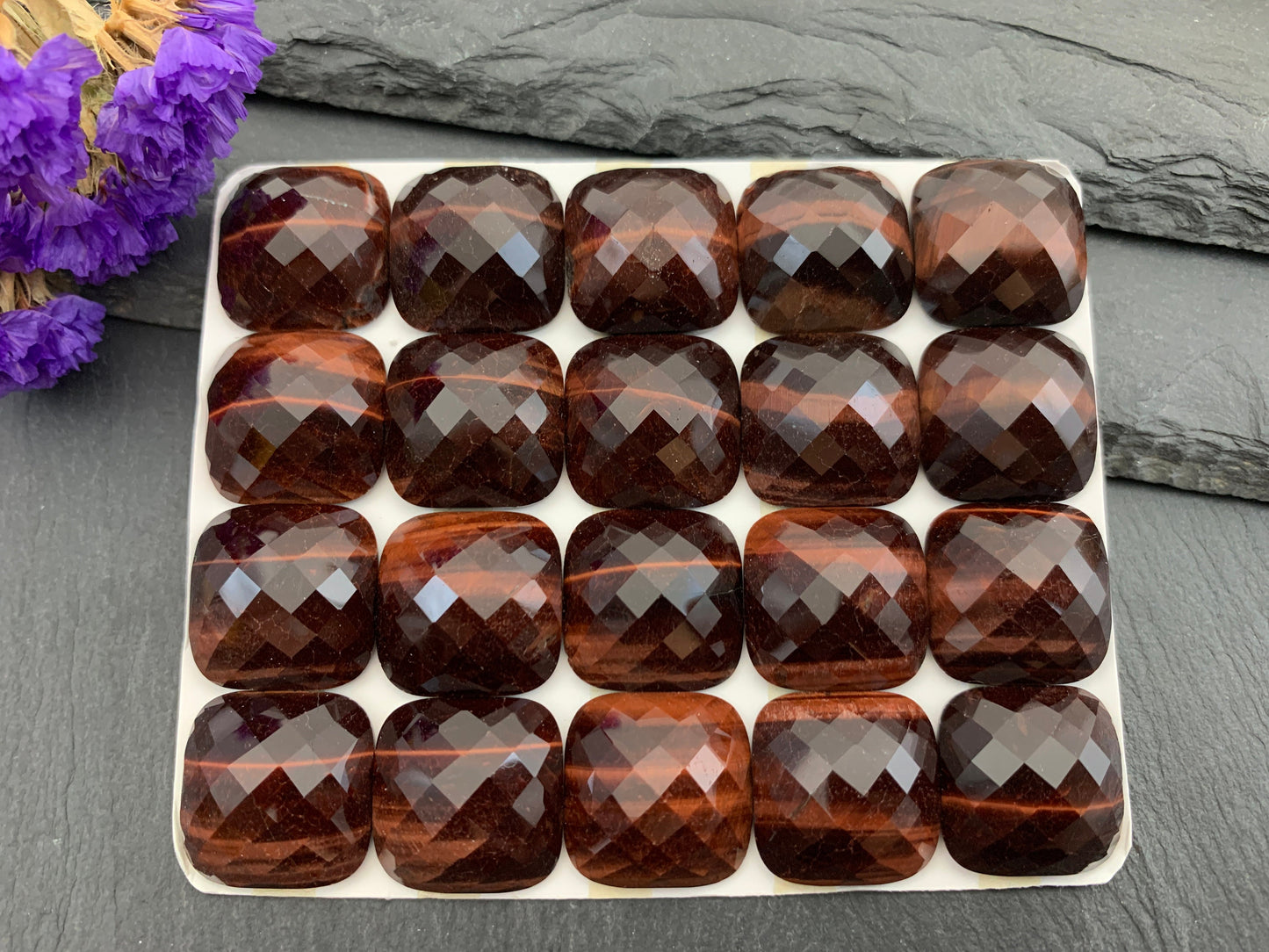 Faceted Red Tiger Eye square cushion 18mm cabochon - Calibrated Cabochons