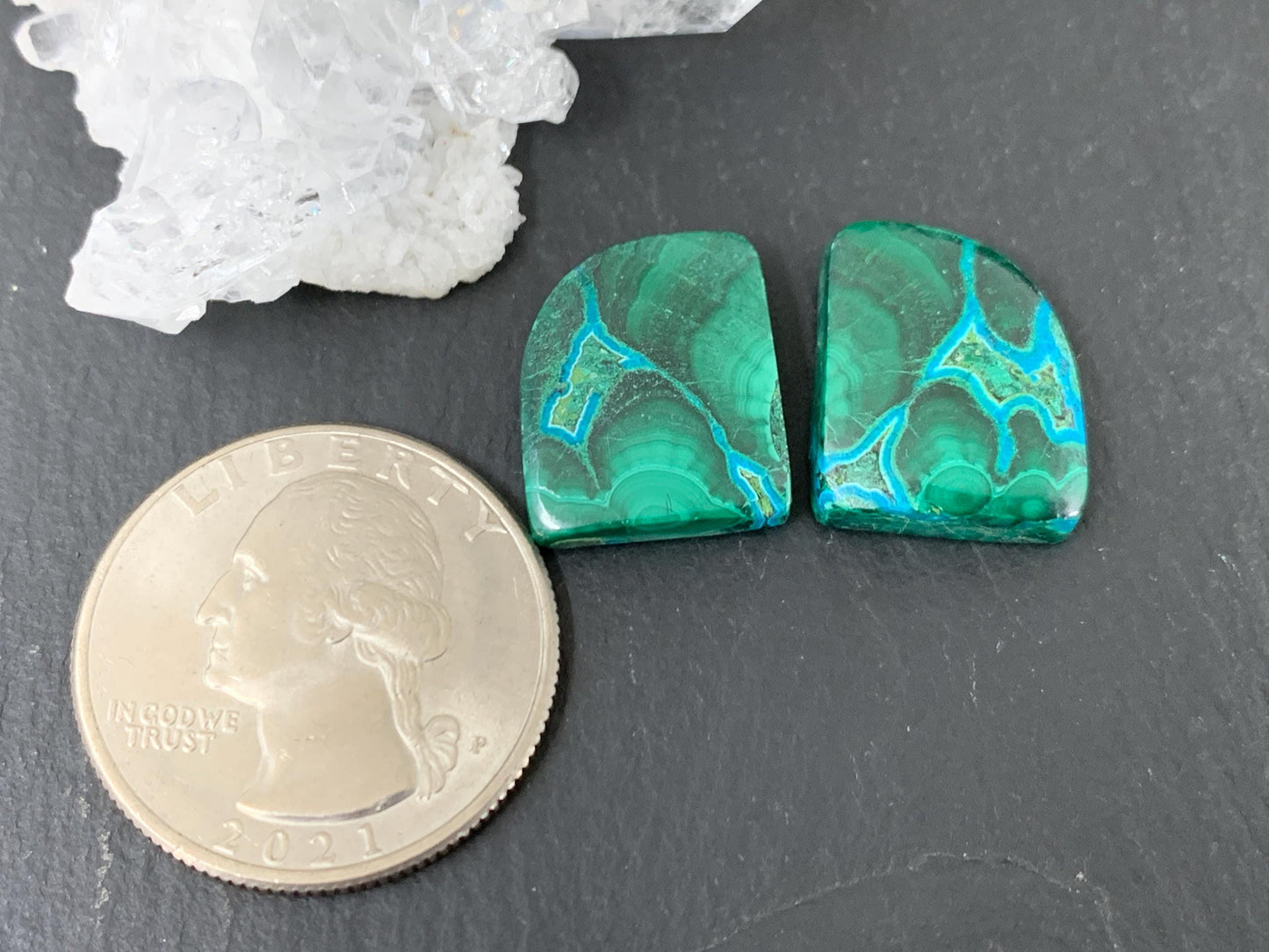 Malachite Chrysocolla free form 14x17x5mm cabochon pair