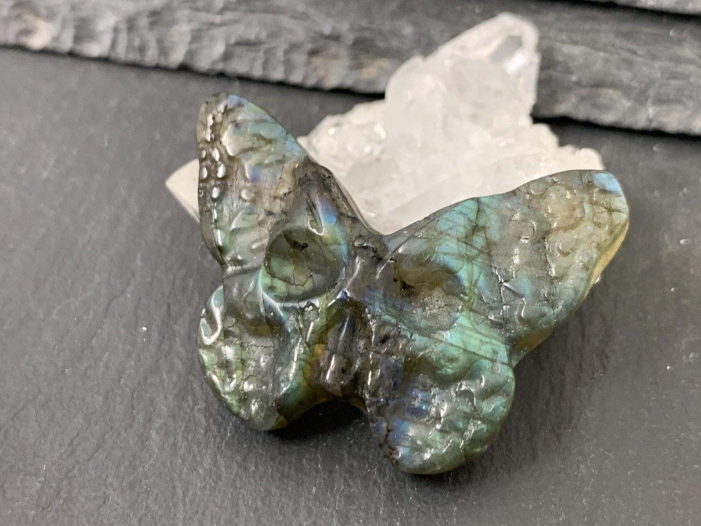 Labradorite Butterfly Carving - 29x41mm Flat Back Ghost Face Gemstone