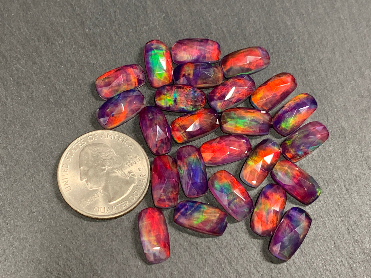 Faceted Aurora Opal rectangle 7x14mm cabochon - Doublet cabochons