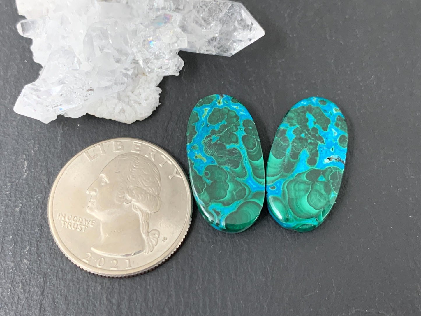 Discounted Malachite Chrysocolla oval 13x24x4mm cabochon pair