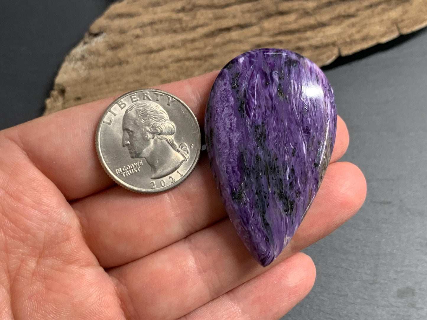Charoite pear 50x30x7mm cabochon