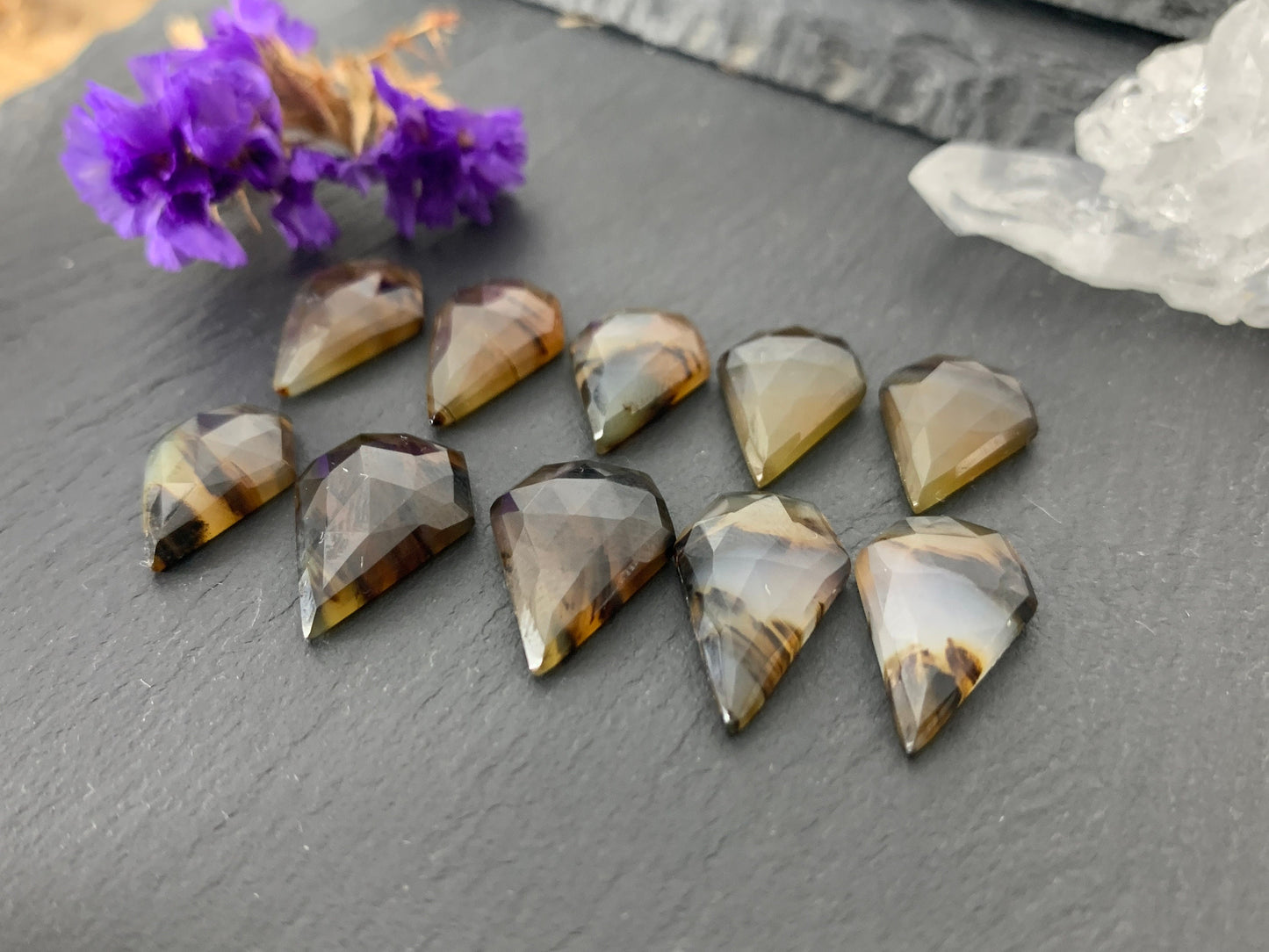 Faceted Montana Agate shield 16-17mm long cabochon