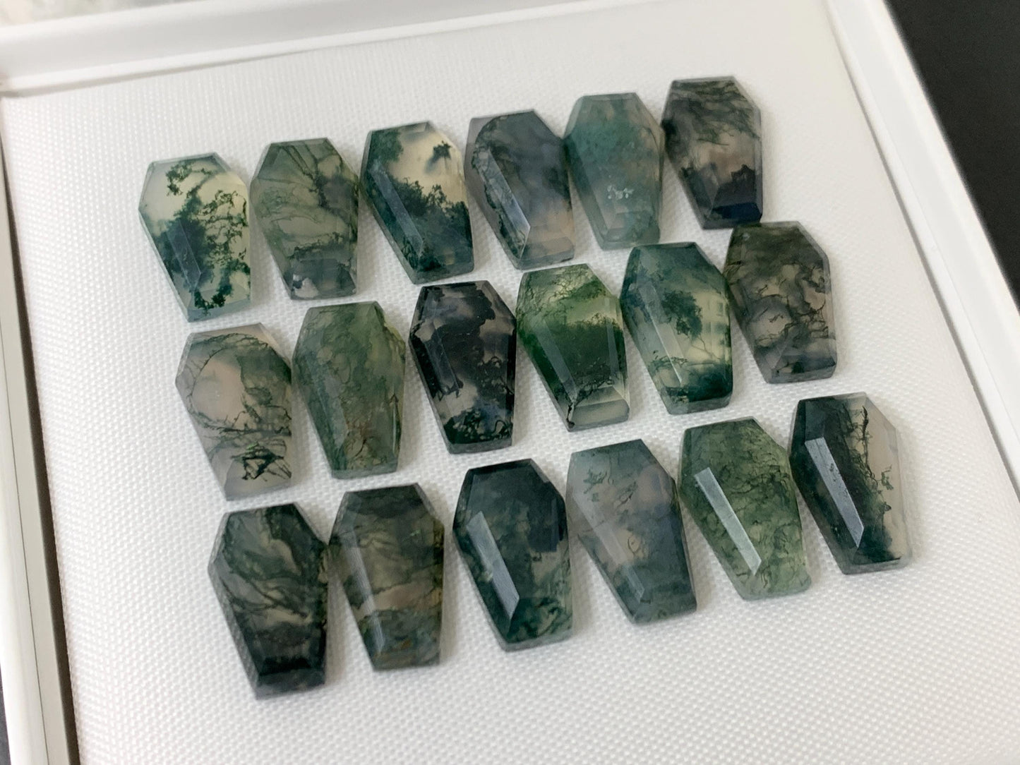 Faceted Moss Agate coffin 10x16mm cabochon