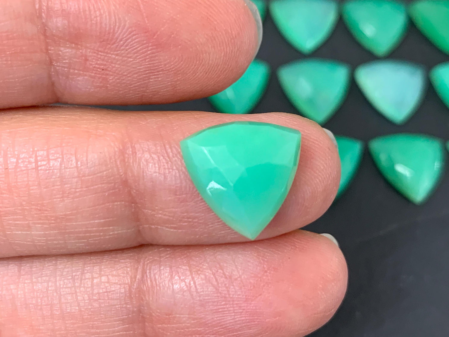Faceted Chrysoprase trillion 12mm cabochon