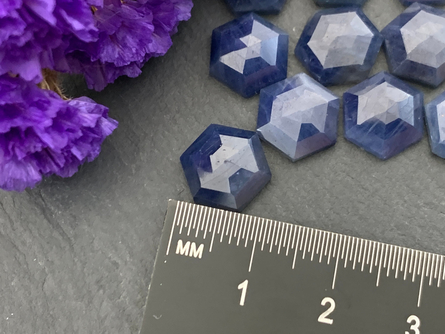 Faceted Blue Sapphire hexagon 10mm cabochon