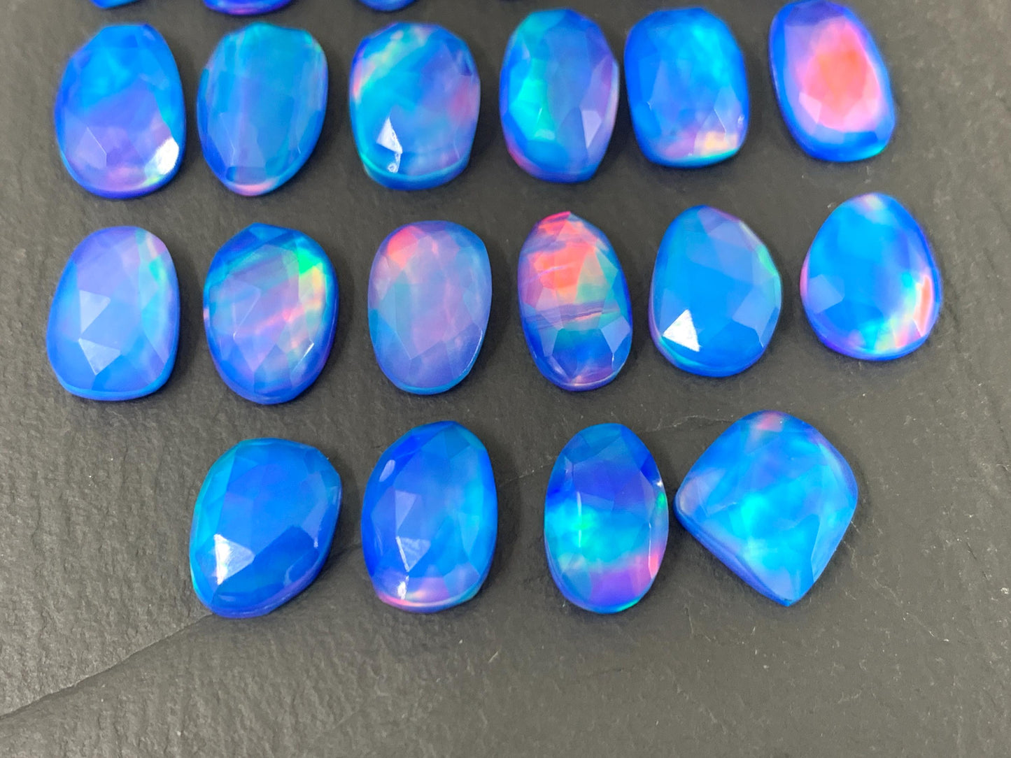 Faceted Aurora Opal oval, free form 11-13mm long doublet cabochons - Doublet cabochons